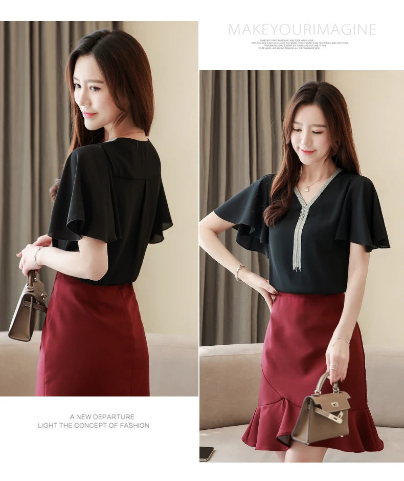 Blusas Blouses Femme Summer Tops Women Blouse Women Blusas Mujer De Moda 2024 Verano Tassel V-Neck Chiffon Blouse Shirt E767