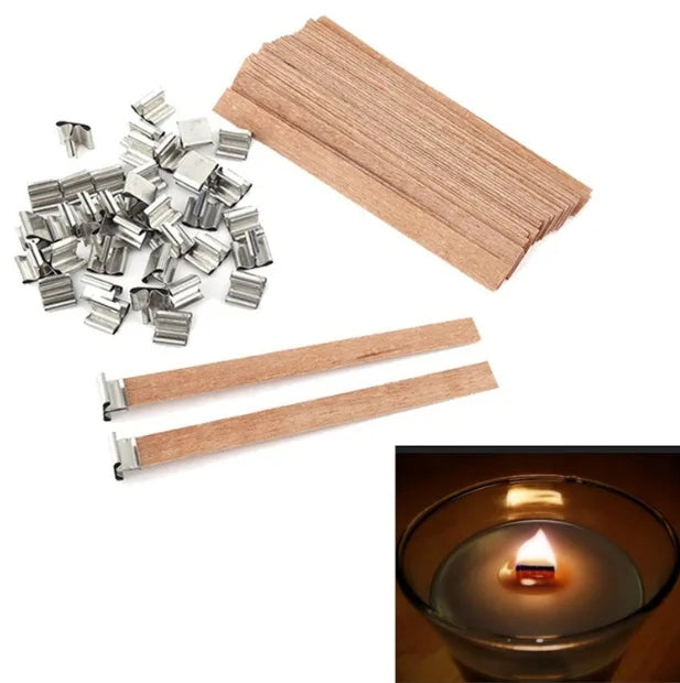 30pcs Wooden Candle Wicks Candle Making Set Wicks with Clip Base  Naturally Smokeless Wood Core for DIY Candle Jar Making Tools