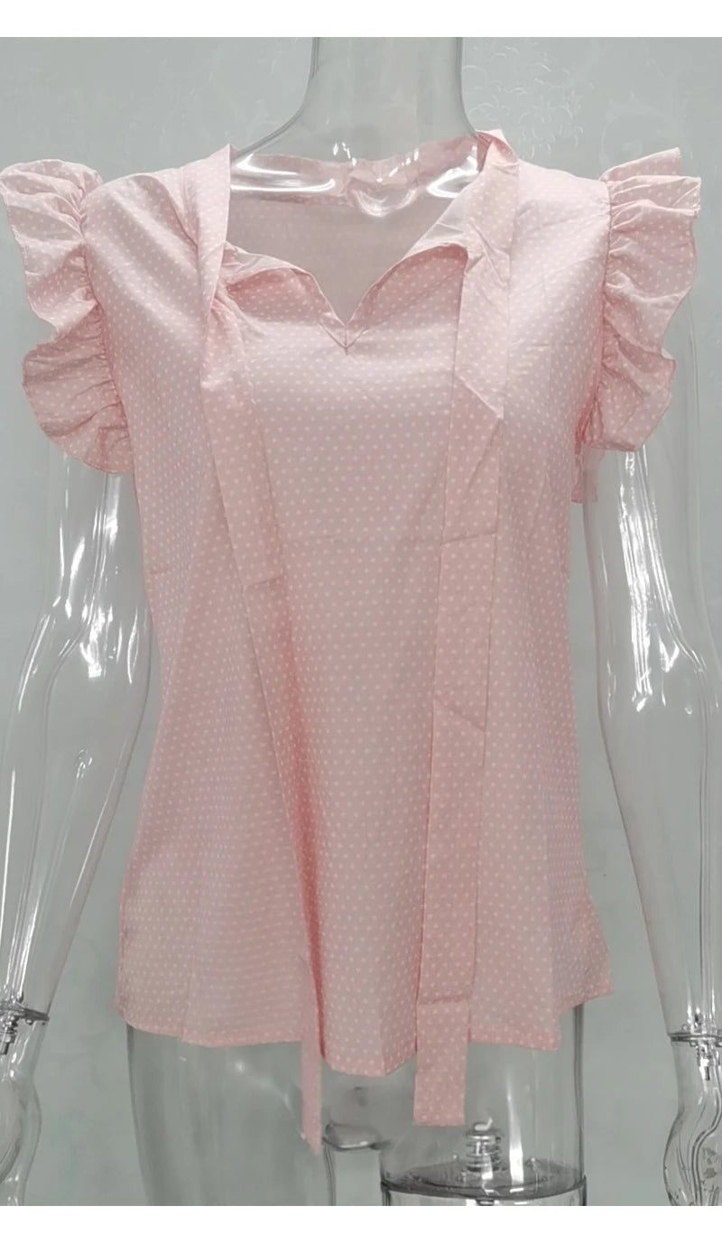 Women Summer Elegant Ruffles Sleeveless Polka Pot Lace Up Tie Bow Blouses and Shirts Casual Oversize Tops Sexy Pullover Tunic