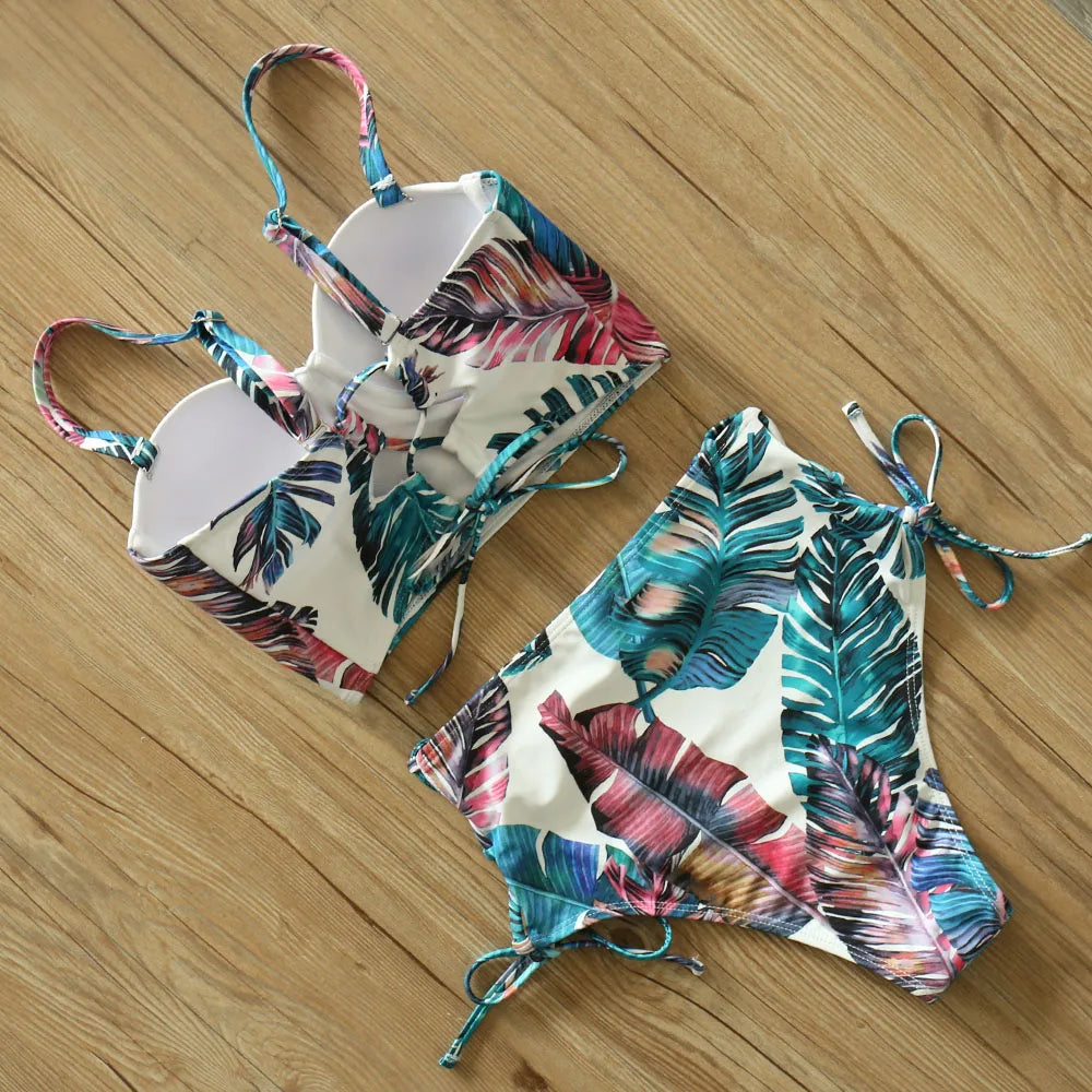 High Waist Swimwear 2025 New Leaf Print Bikinis Women Swimsuit Vintage Retro Bathing Suit Halter Biquini Maillot de bain femme