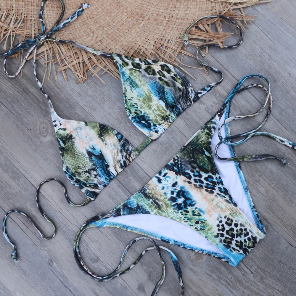 Melphieer Two-piece women brazilian bikini set snake summer push up swimwear bathing swim suits string halter swimsuit XL XXL