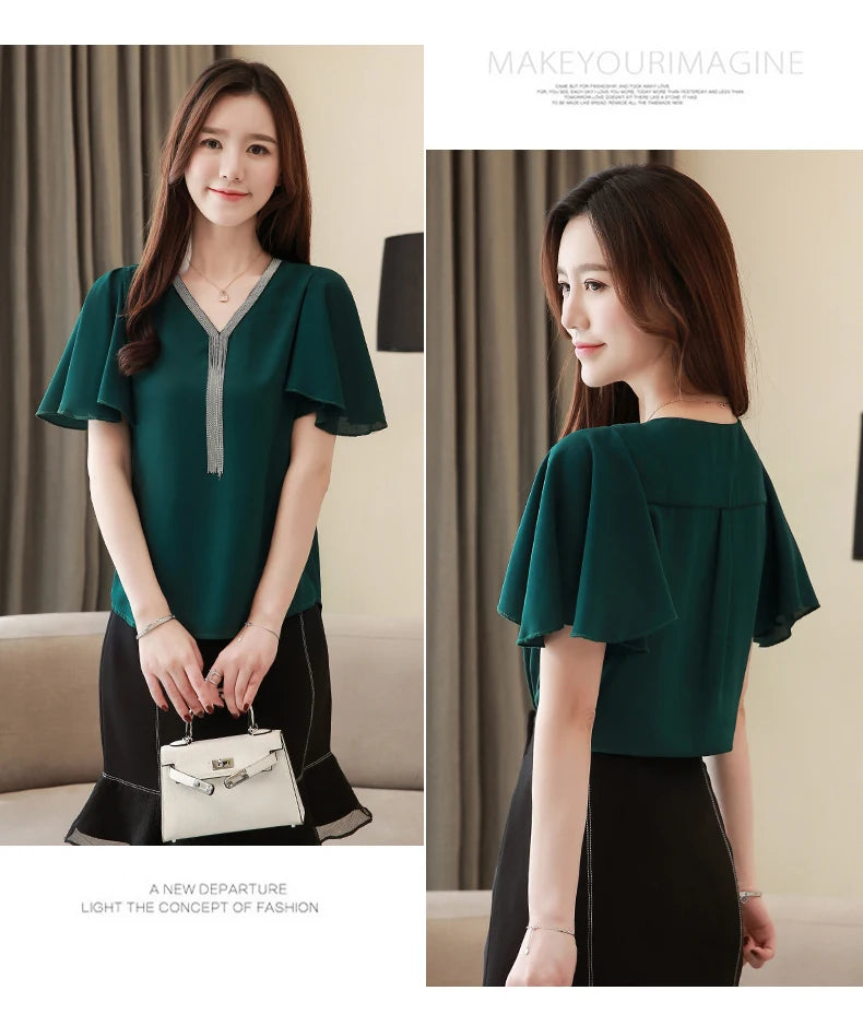 Blusas Blouses Femme Summer Tops Women Blouse Women Blusas Mujer De Moda 2024 Verano Tassel V-Neck Chiffon Blouse Shirt E767