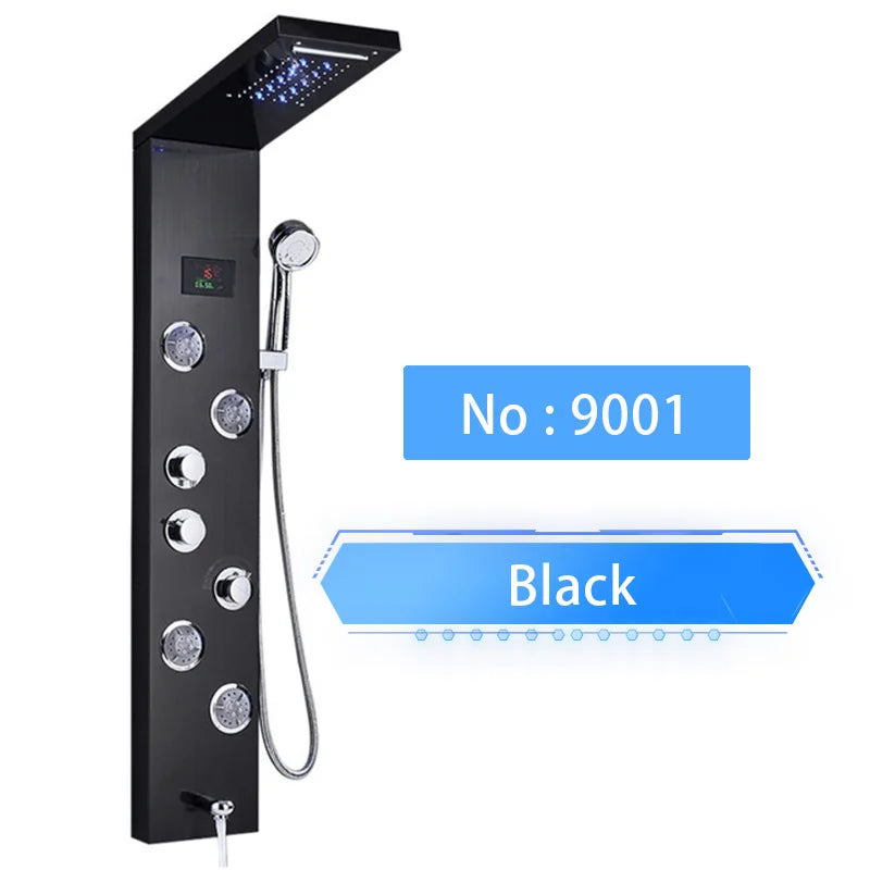 Senlesen Bathroom Shower Panel Shower Column Digital Display Black Brass W/ Massage Jets & Hand Shower Hot Cold Water Mixer Tap
