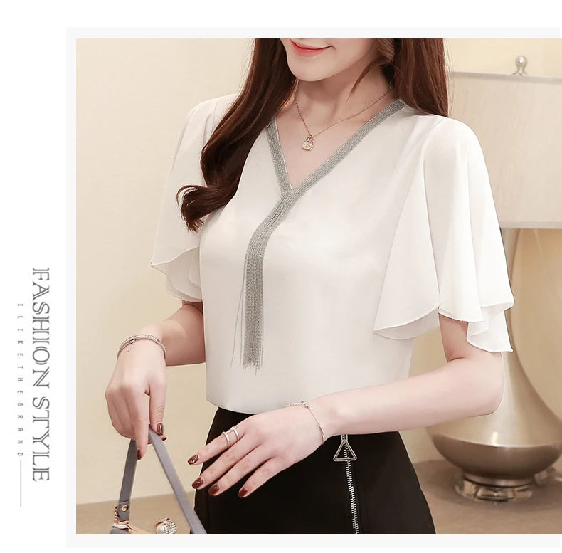 Blusas Blouses Femme Summer Tops Women Blouse Women Blusas Mujer De Moda 2024 Verano Tassel V-Neck Chiffon Blouse Shirt E767