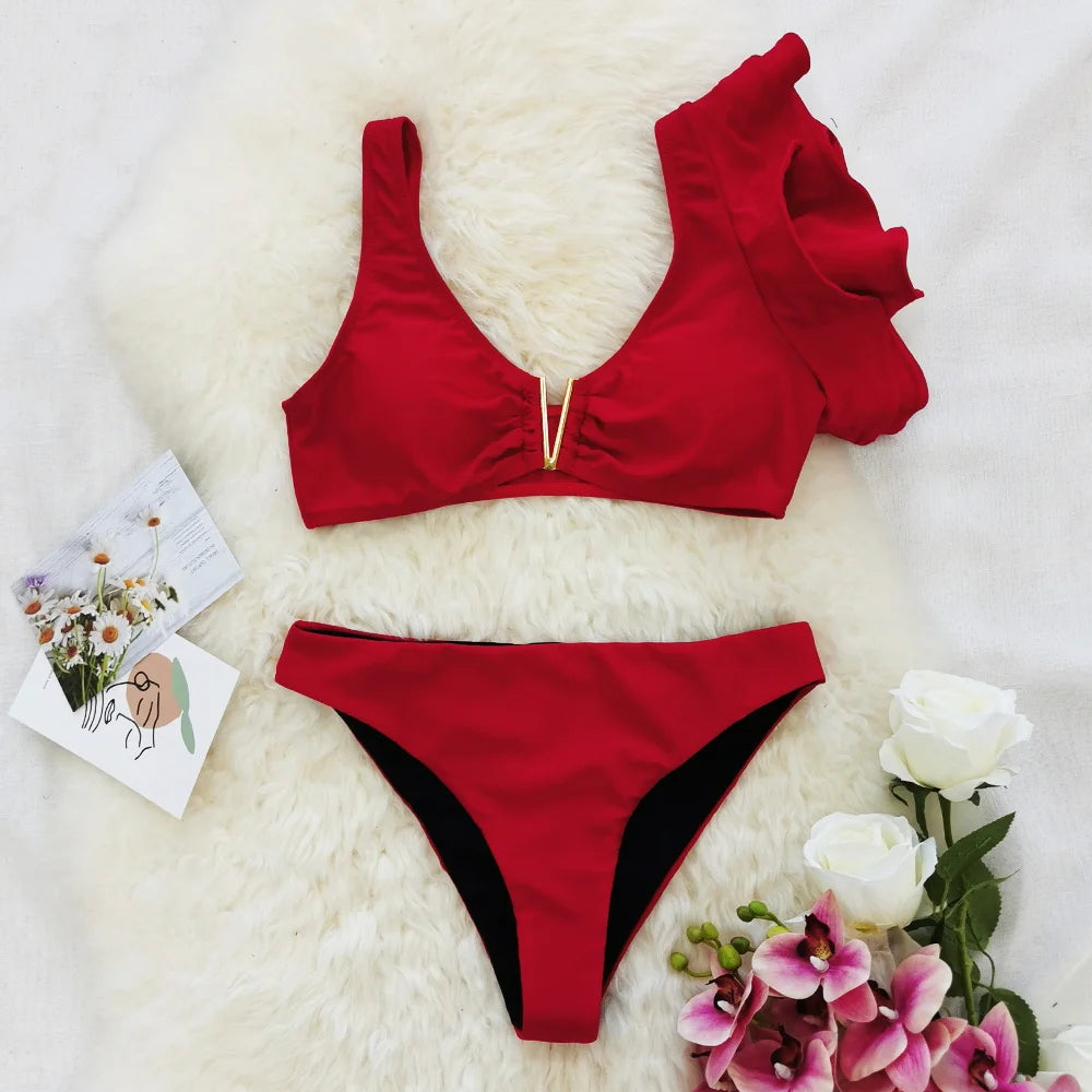 2026 Sexy Bikini Set Women High Waist Classic Off Solid Ruffle Sleeves Swimwear Red Separate Deep V Swimsuit Vintage Beach Set
