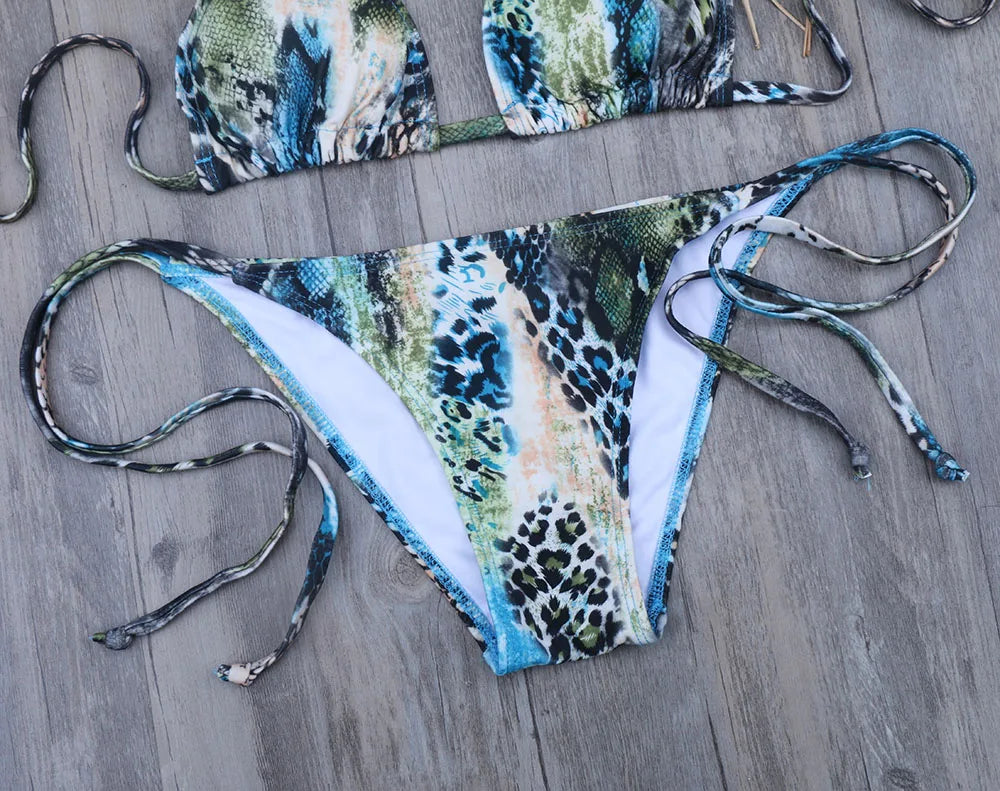 Melphieer Two-piece women brazilian bikini set snake summer push up swimwear bathing swim suits string halter swimsuit XL XXL