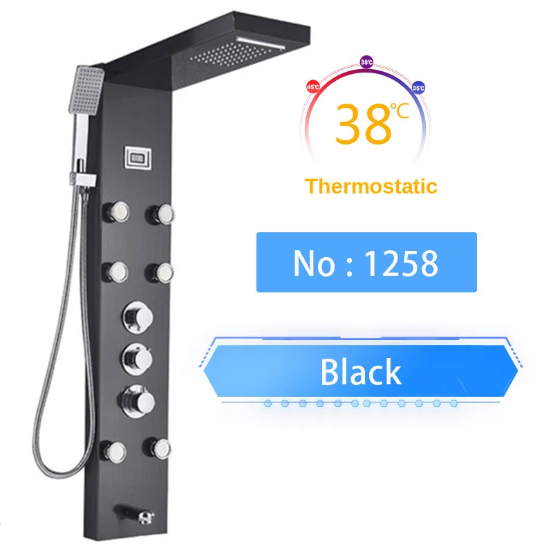 Senlesen Bathroom Shower Panel Shower Column Digital Display Black Brass W/ Massage Jets & Hand Shower Hot Cold Water Mixer Tap