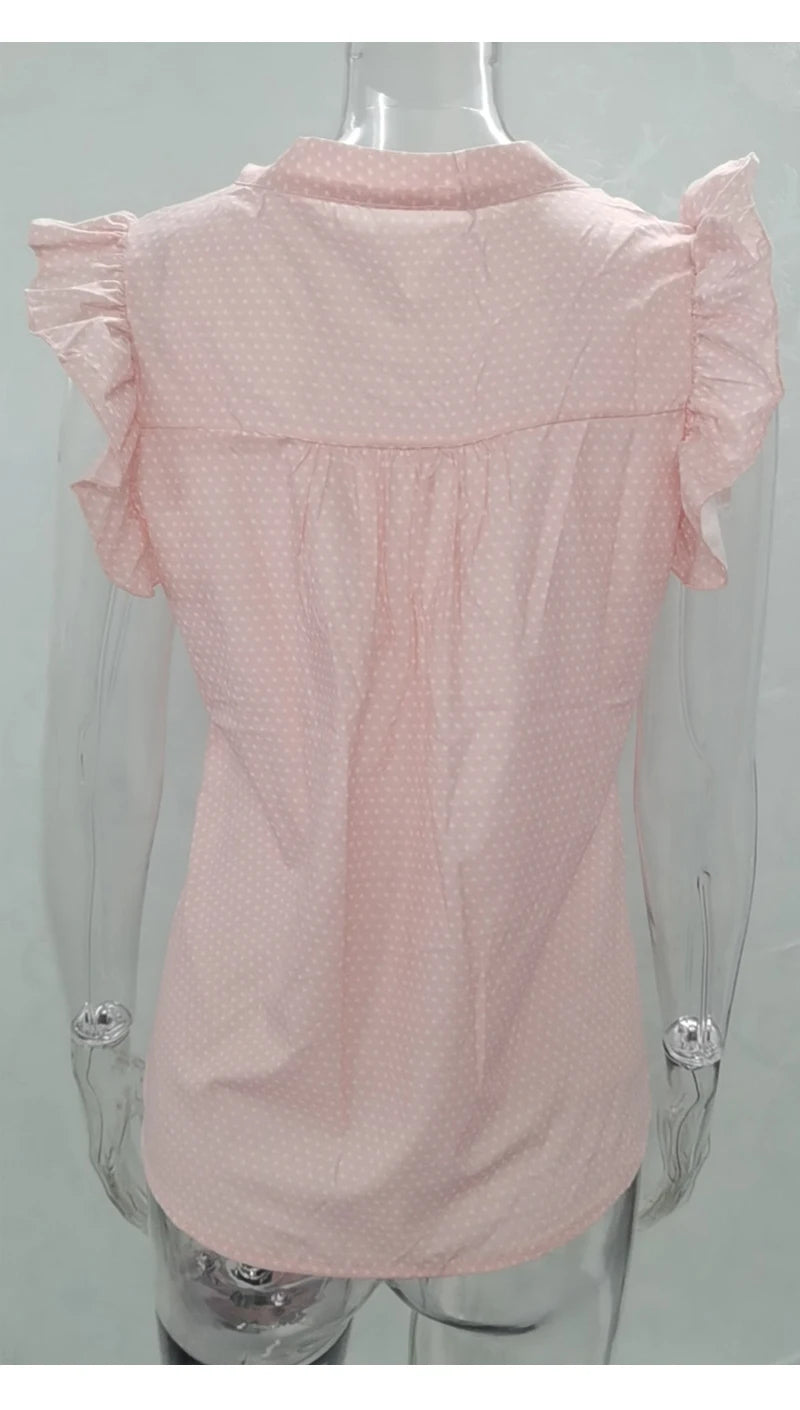 Women Summer Elegant Ruffles Sleeveless Polka Pot Lace Up Tie Bow Blouses and Shirts Casual Oversize Tops Sexy Pullover Tunic