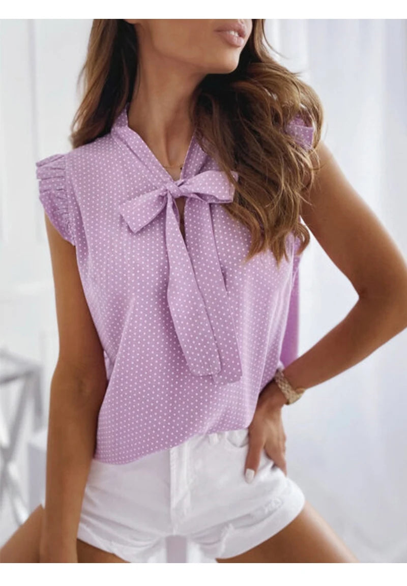 Women Summer Elegant Ruffles Sleeveless Polka Pot Lace Up Tie Bow Blouses and Shirts Casual Oversize Tops Sexy Pullover Tunic