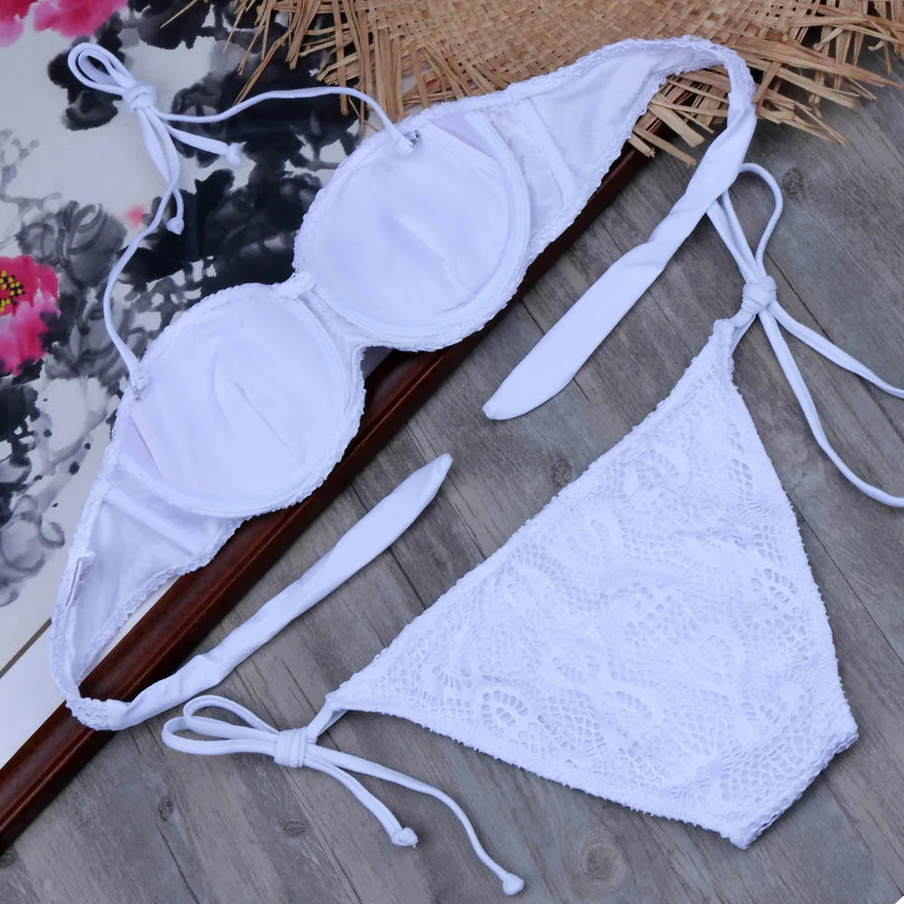 Bikini Solid Strappy Bandage Bikinis Set White Push Up Bikini Swimwear Bandeau Brazilian Swimsuit Bathing Suit Maillot De Bain