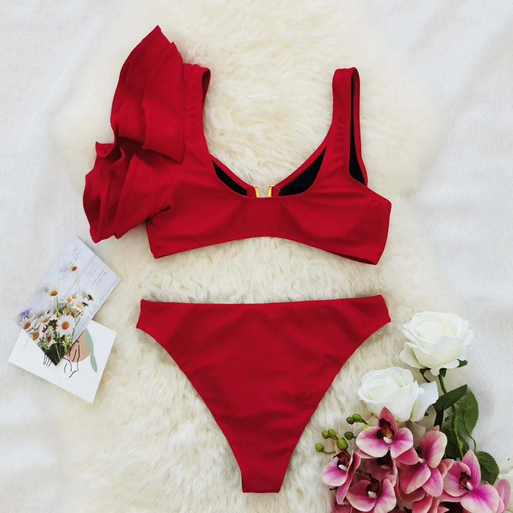 2026 Sexy Bikini Set Women High Waist Classic Off Solid Ruffle Sleeves Swimwear Red Separate Deep V Swimsuit Vintage Beach Set