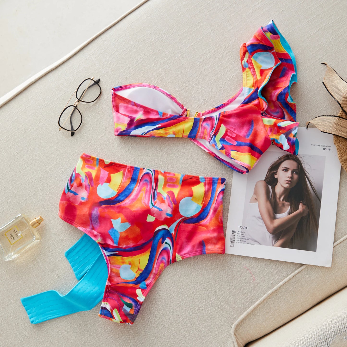 2026 Sexy Bikini Set Women High Waist Classic Off Solid Ruffle Sleeves Swimwear Red Separate Deep V Swimsuit Vintage Beach Set
