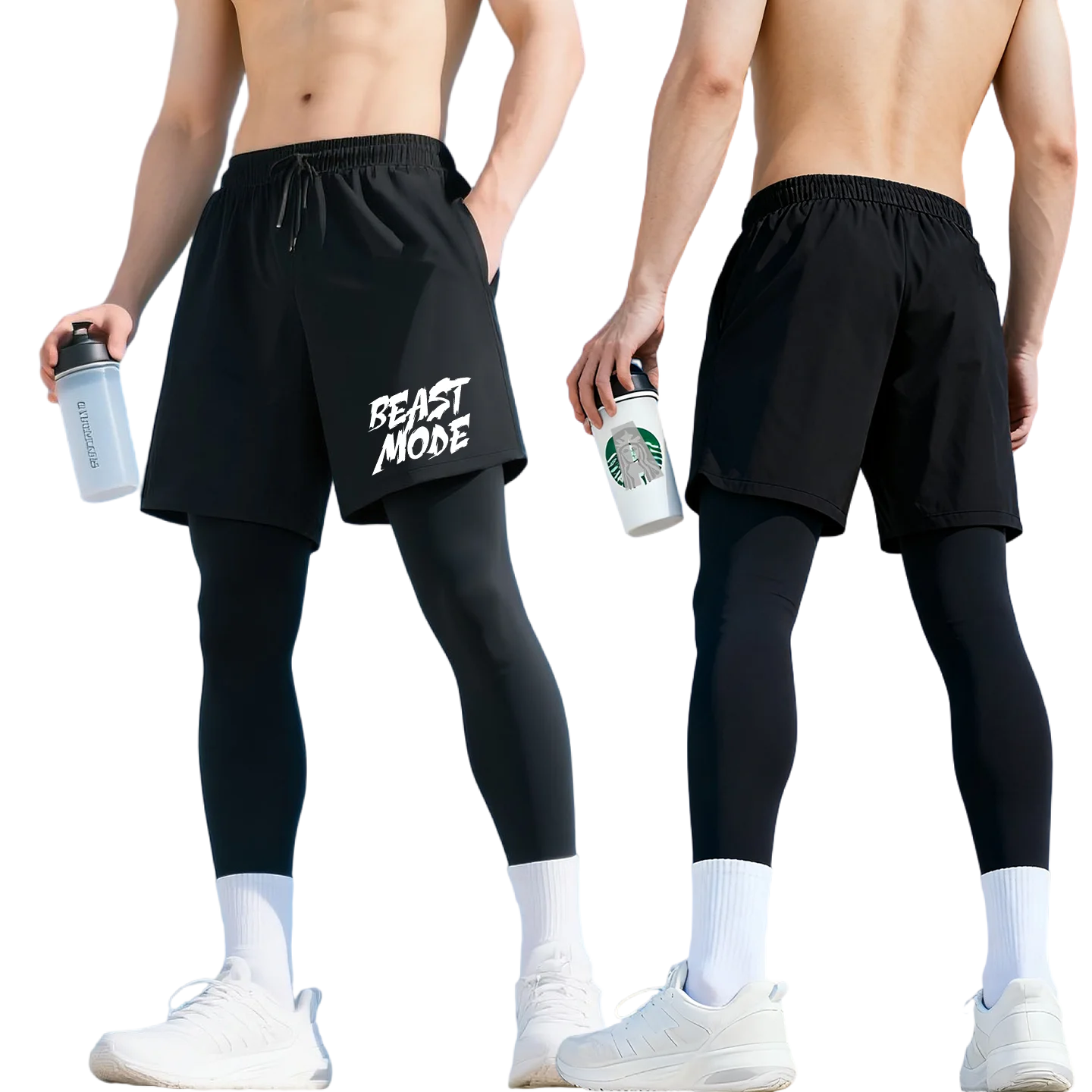 Men's 2-Piece Compression Pants Set with Shorts & Tights Quick Dry Athletic Sportswear for Gym Workout Running Fitness