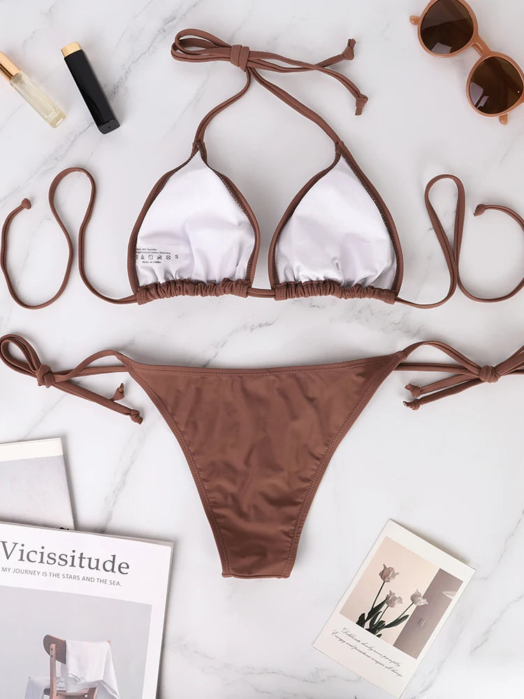 Women's New Thong Bikini Two-Piece Set 2025 Summer Popular Sexy Beach Style Lace-up Lady's Swimwear Micro Thongs Bikini Swimsuit