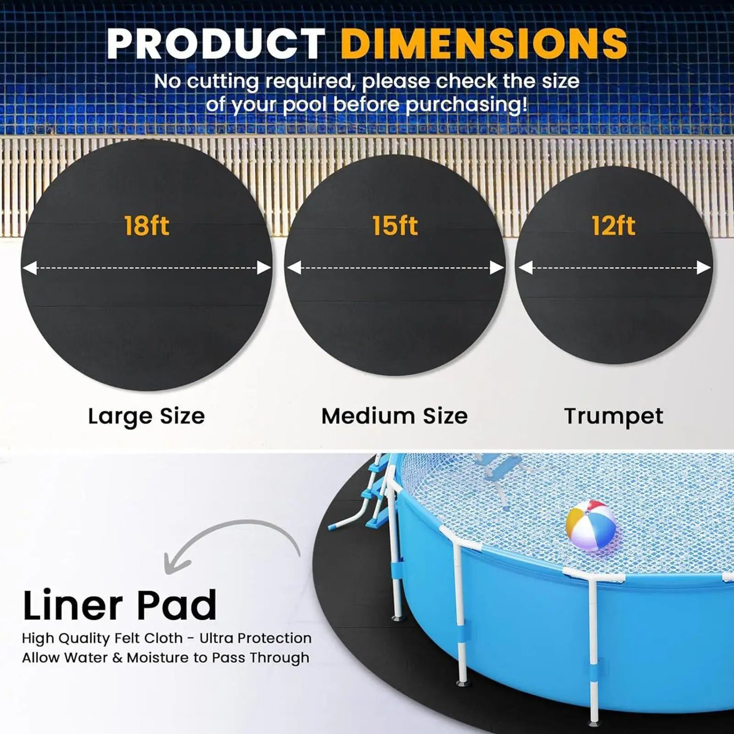3/2.5M Round Pool Liner Pad Black Protective Pad for Ground Swimming Pools Indoor Outdoor Under Pool Mat Heavy Duty Tarp