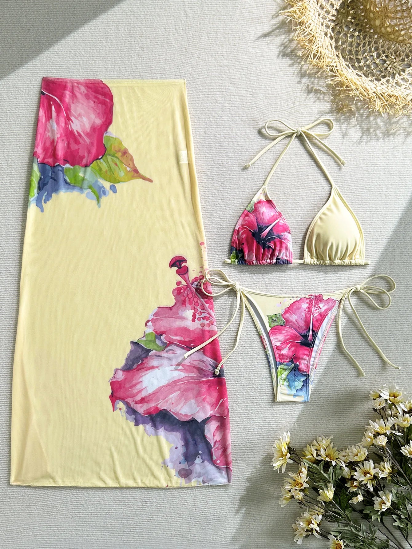 2026 New Flower Print Bikini Set Women's High Waist Long Skirt 3 Piece Swimsuit Sexy Mini Triangle Backless Thong Bathing Suit