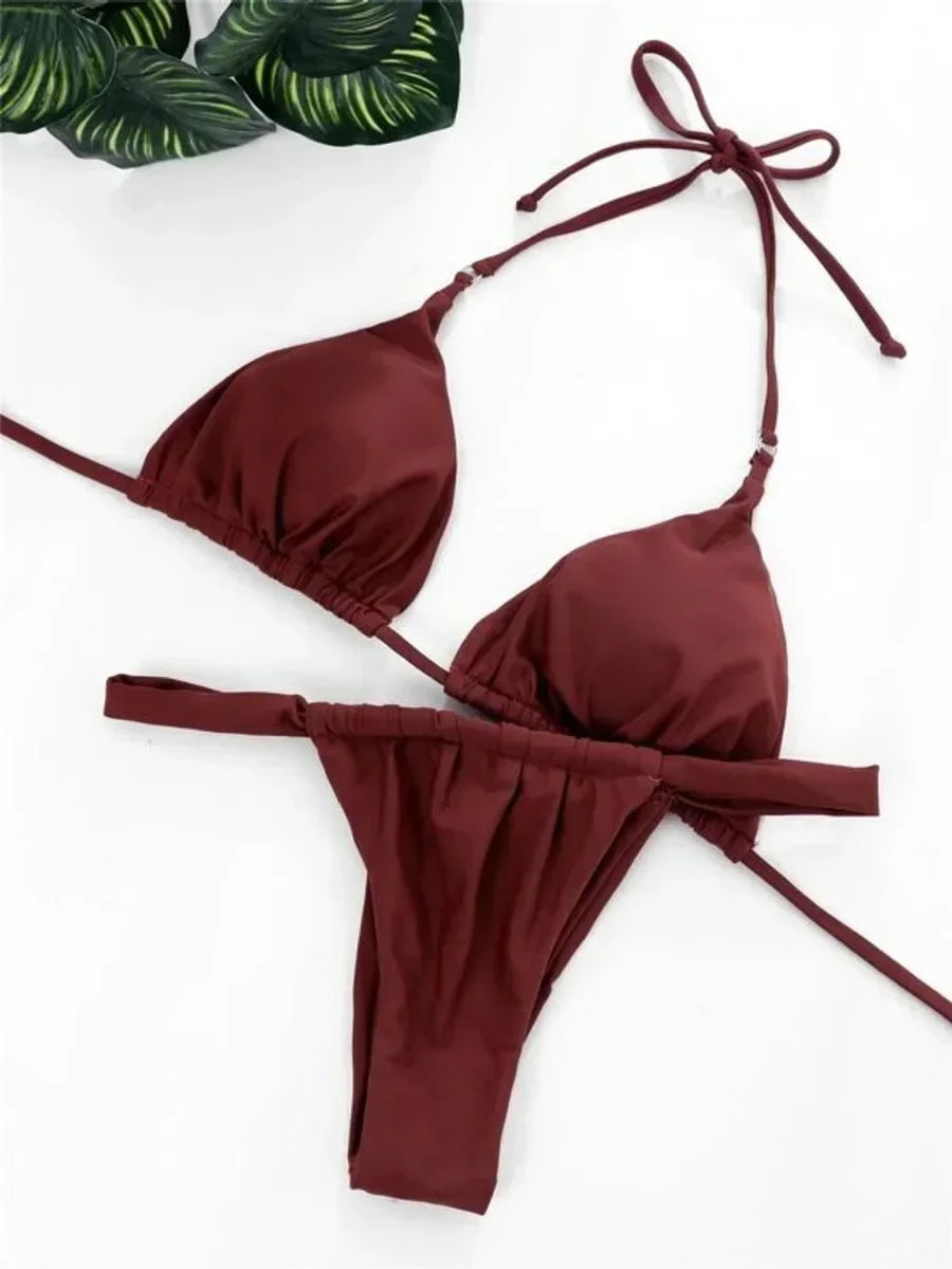 PU Pleated Ruched Bikinis Mini Micro Thong Bikini Women Swimwear Female Swimsuit Two-pieces Bikini Set Halter Bathing Suit Swim