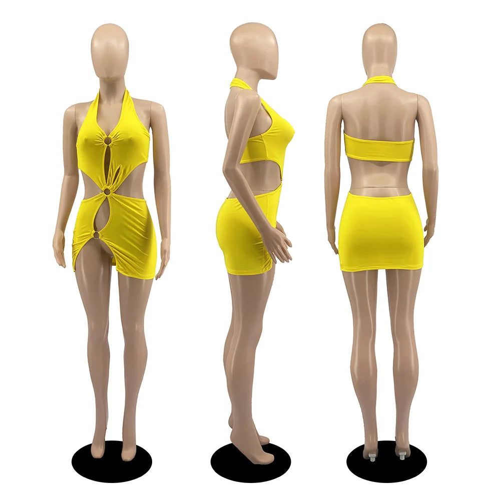 Summer Dresses Woman 2022 High Street Stretch Slim Hollow Sexy Mini Bodycon Dress Elegant Orange Sleeveless Club Party Sundress