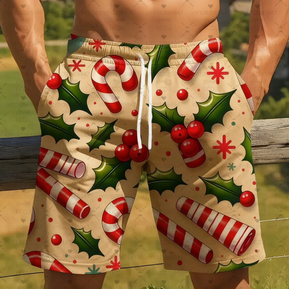 2025 new Men's Board Shorts Christmas candy cane holly Trunks Drawstring Elastic Quick Dry Hawaiian Beach Shorts men clothing