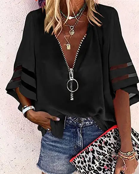 Summer Shirt Elegant Women Lace Patchwork Flared Sleeve Mesh White Blouse Women Zipper V-Neck Loose Casual Tops Streetwear Femal