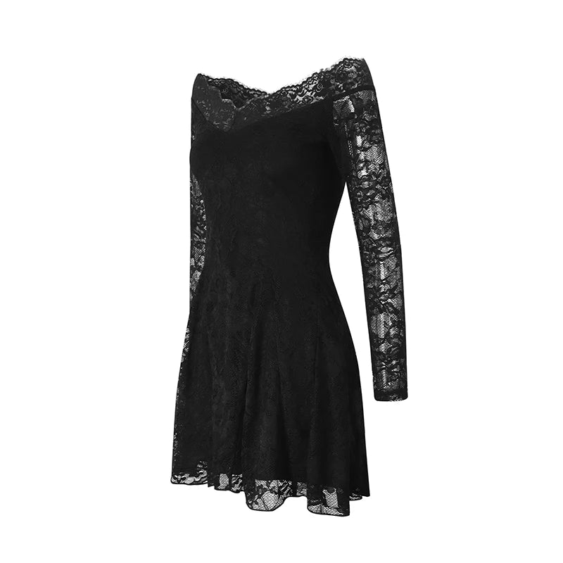 Summer Women Dress French Style One Shoulder Lace Dress Sexy Short Black Date Night Gown High Waist Long Sleeve Dresses Clothing