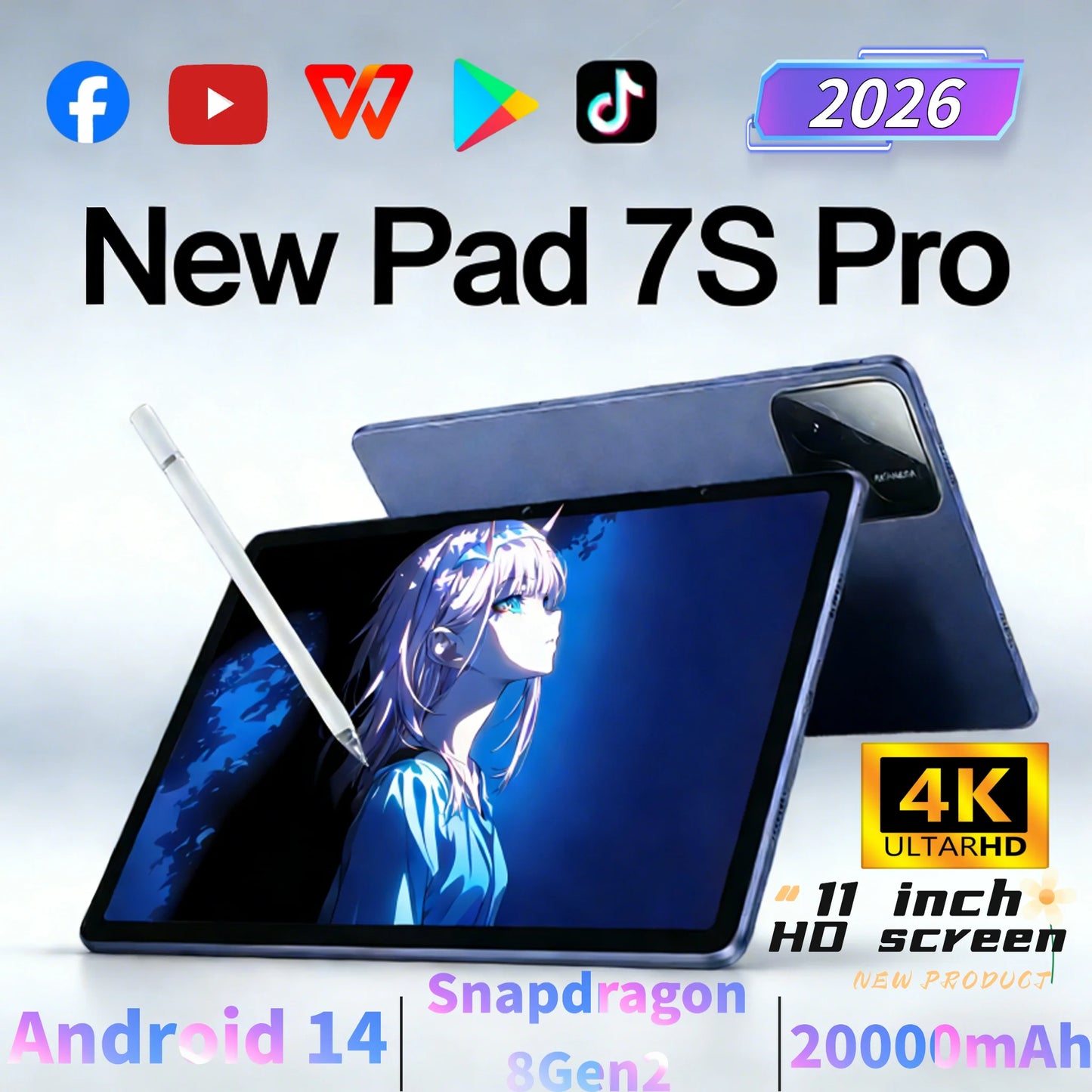 2026 New Original Global Edition Tablet PC Pad 7S Pro Snapdragon 8gen2 Android 14 HD 4K 22GB+2TB 5G Tablet Dual SIM WIFI tablet