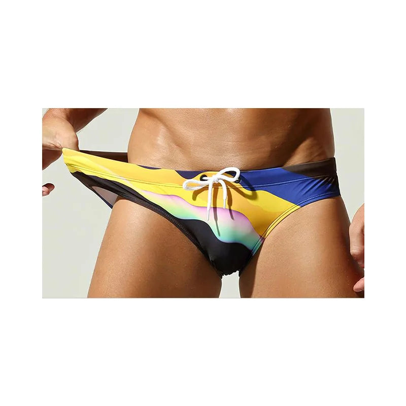 Men's Quick Dry Swim Briefs Colorful Wave Print Drawstring Bikini Trunks Low Waist Beach Swimwear Bathing Suits for Men swimsuit
