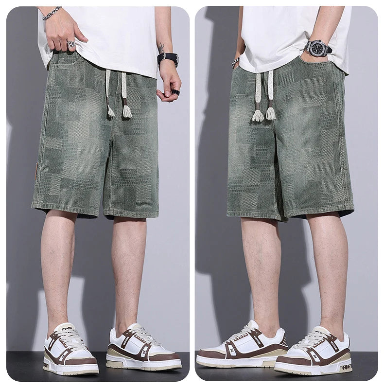 Casual Mens Clothing Baggy Denim Shorts Summer Fashion Starry Sky Pattern Elastic Waist Shorts Men Streetwear Short Jeans Korean