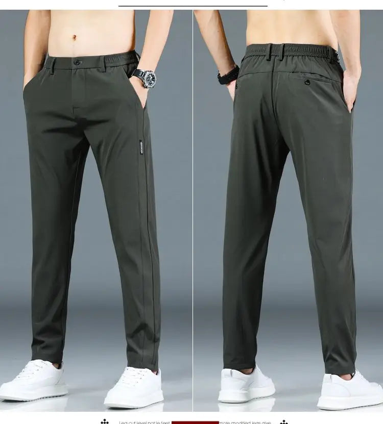 Ice silk men's pants 2025 summer new black gray thin business casual pants outdoor elastic breathable straight leg sports pants