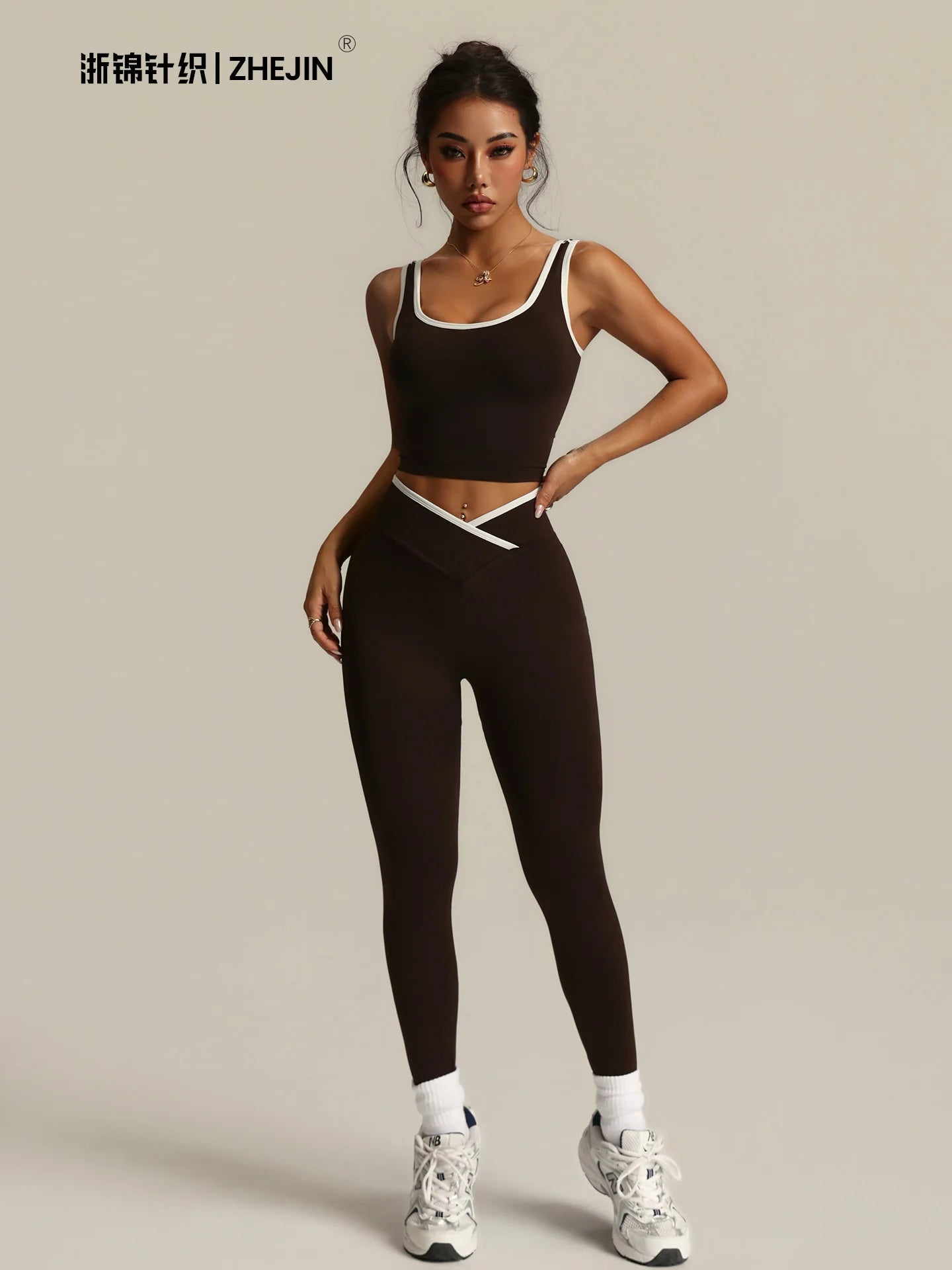 2 Piece Yoga Set Women Crossover V Waist Leggings Contrast Trim Sports Bra Gym Workout Matching Set Fitness Activewear Suit