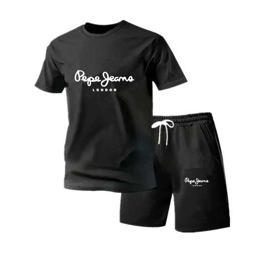 New summer fitness sportswear for men, short-sleeved T-shirt and shorts two-piece set, breathable and quick-drying casual wear.