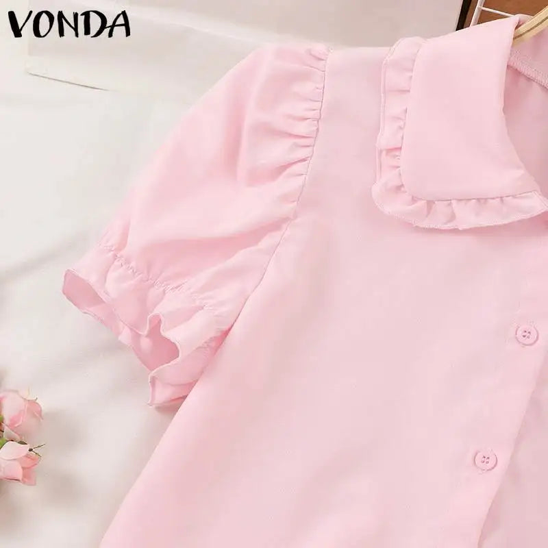Women Elegant Shirts 2024 VONDA Fashion Summer Short Sleeve Tops Casual Solid Color Shirts Loose Lapel Neck Tunic Blusas Baggy