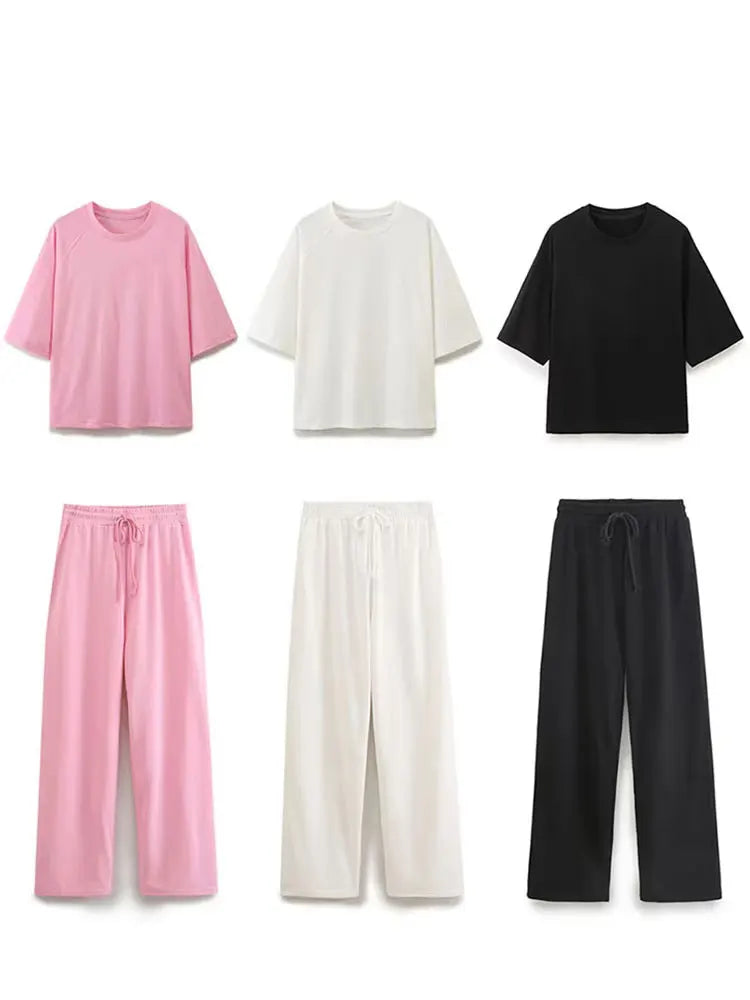 HH Summer Women Casual T Shirt Pant Sets Elegant Pink O Neck Short Sleeve T-Shirt + Drawstring Loose Trousers Spring Suit