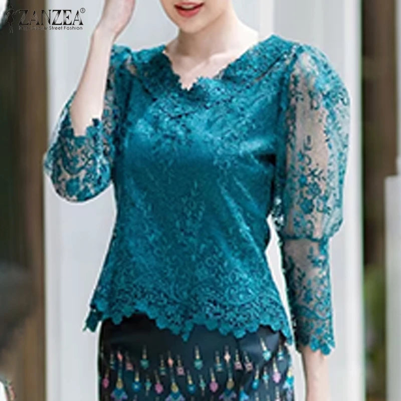 Summer Lace Blouse Women Tops Vintage Hollow Out Floral Blusas 3/4 Sleeve O Neck Tunics 2025 ZANZEA Casual Transparent Pullover