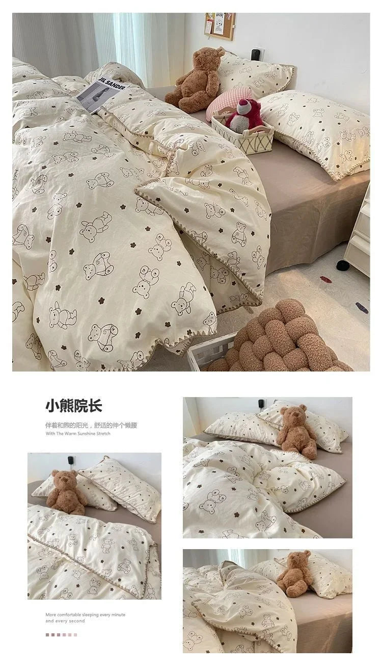 Bedding Set  Girls Cherry  Soft Washed Cotton Bed Sheet Queen King Size Duvet Set  Comforter Set Pillowcase Bed Linens