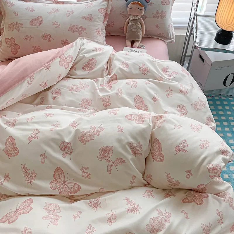 Cute Rabbit Bedding Set New No Filler Ins Floral Duvet Cover Flat Sheet Pillowcases Twin Queen Size Girls Boys Comforter Cover