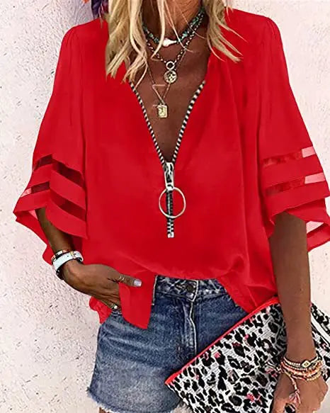 Summer Shirt Elegant Women Lace Patchwork Flared Sleeve Mesh White Blouse Women Zipper V-Neck Loose Casual Tops Streetwear Femal