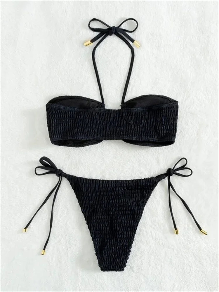 Sexy Triangle Bikini 2026 Women Red Black Ribbed Push Up Micro Swimsuit Cut Out Metal Designer Bathing Suit Knot Thong Swimwear