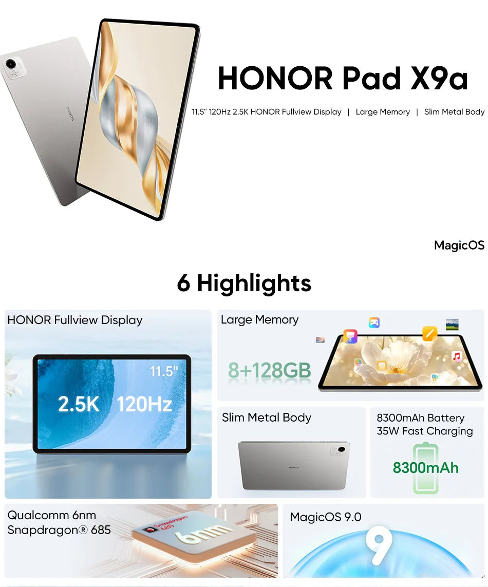 Global Version HONOR Pad X9a 11.5" 120Hz 2.5K Fullview Display Snapdragon 685 Slim Metal Body Tablet WiFi/LTE  Android15 8300mAh