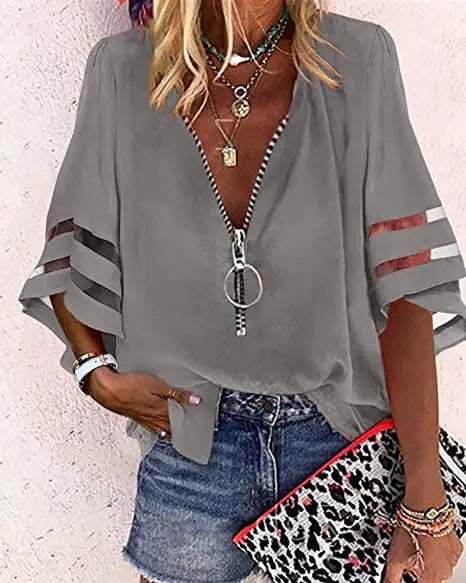 Summer Shirt Elegant Women Lace Patchwork Flared Sleeve Mesh White Blouse Women Zipper V-Neck Loose Casual Tops Streetwear Femal