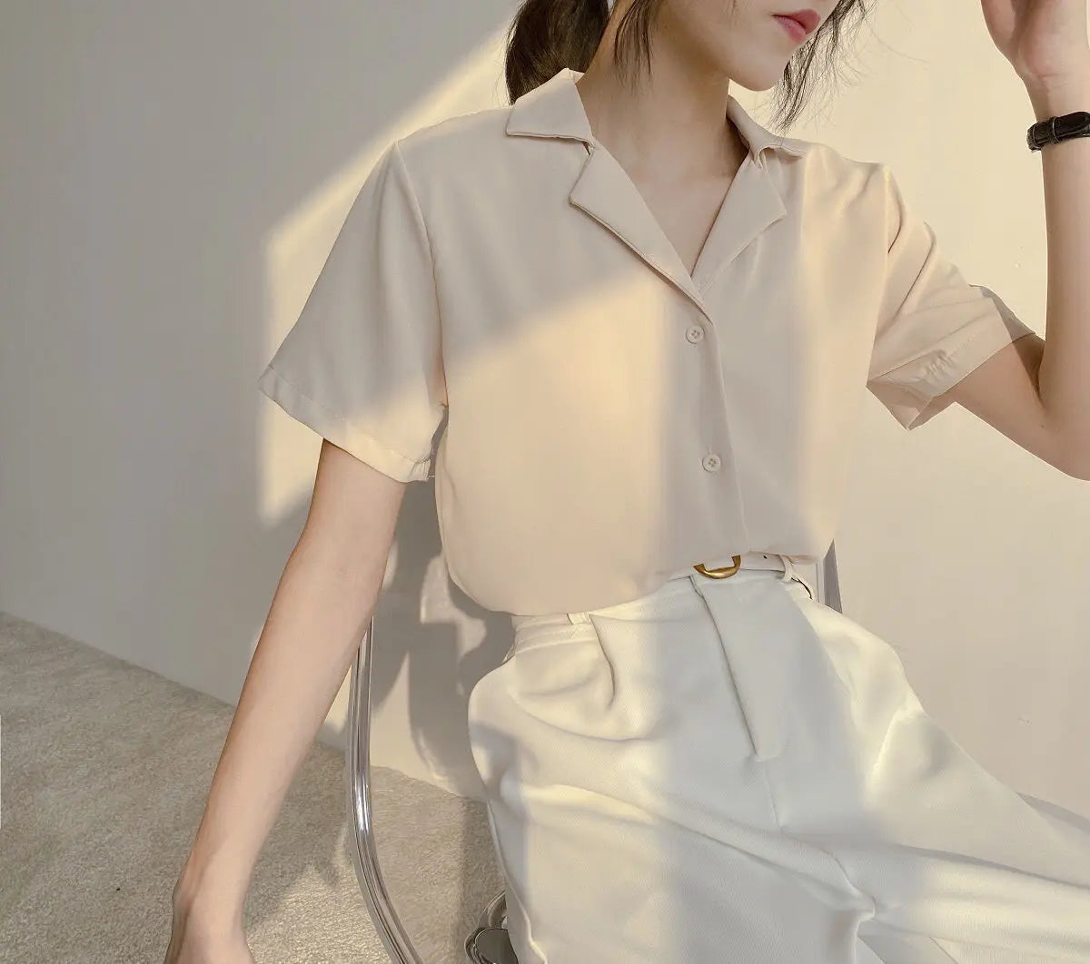 Women Summer Elegant Solid Chiffon Blouses Casual Turn Down Collar Short Sleeve Loose Shirts Korean Chic Top Female Tunic