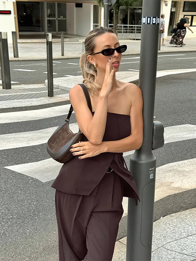 Women Pant Sets Sexy Backless Straps Sleeveless Lace Up Vest Loose Wide Leg Pants Suit Female Summer Fashion Lady Outfits
