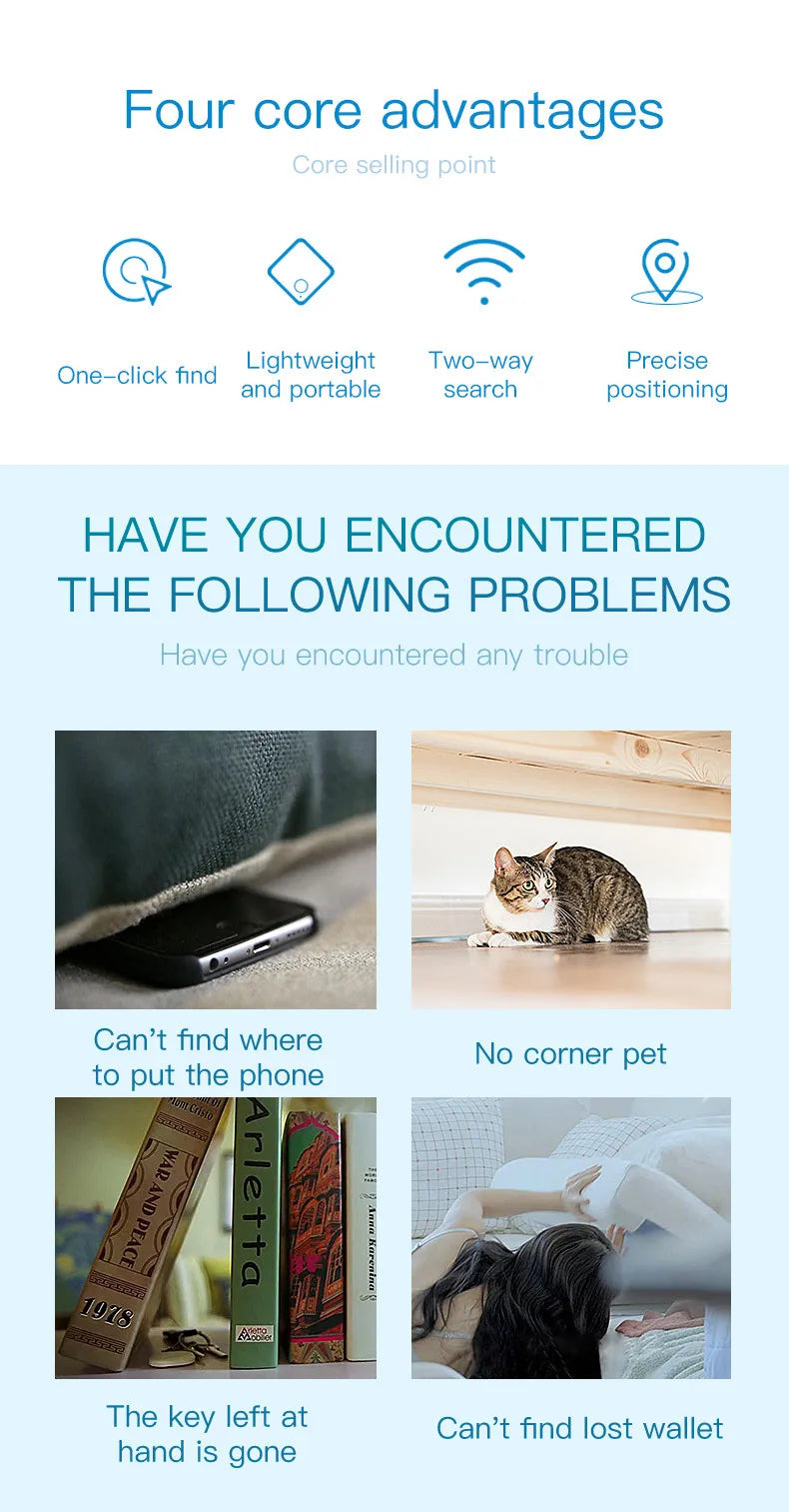 Smart Anti-Lost Bluetooth GPS Tracker Tag Compatible with Android & iOS Locator for Car Keys Pet Finding
