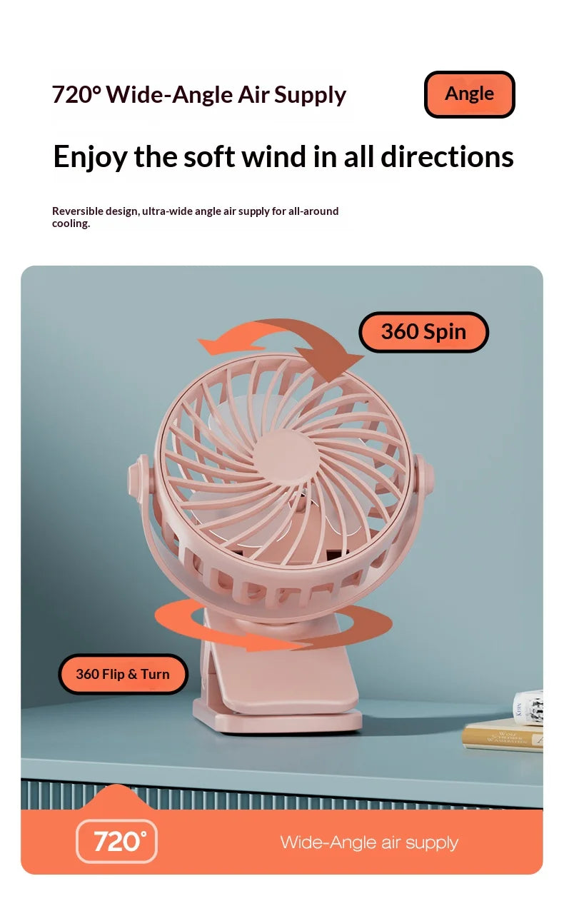 Portable Rechargeable Clip Fan 720° Rotatable Hanging Fan with Night Light Air Cooler for Outdoor Camping Ventilador