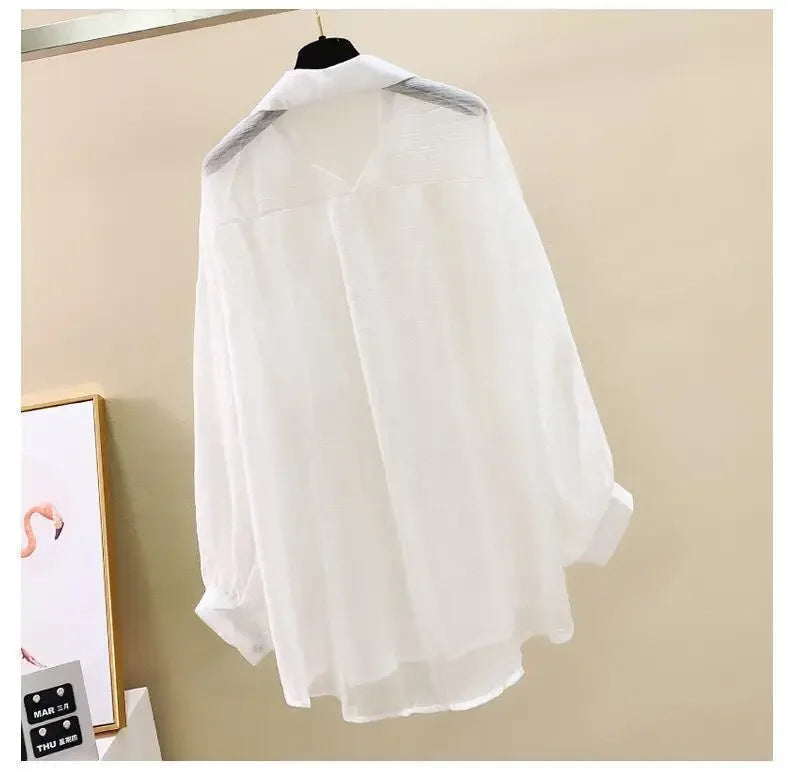 Summer Women's Elegant Chiffon Sunscreen Shirt Korean Harajuku Style See-Through Loose Blouse Thin Perspective Cardigan Yk2 Tops