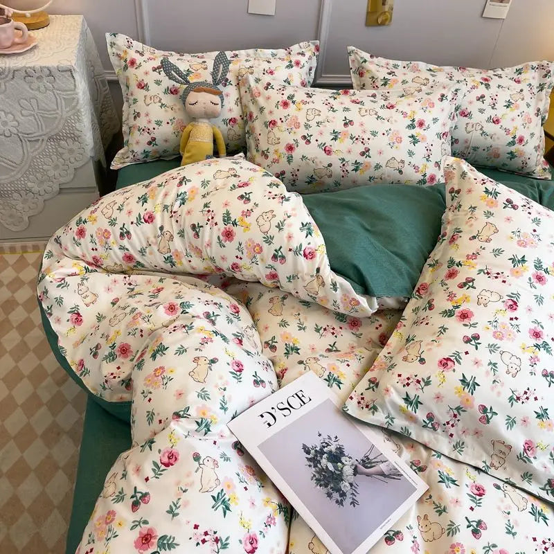 Cute Rabbit Bedding Set New No Filler Ins Floral Duvet Cover Flat Sheet Pillowcases Twin Queen Size Girls Boys Comforter Cover