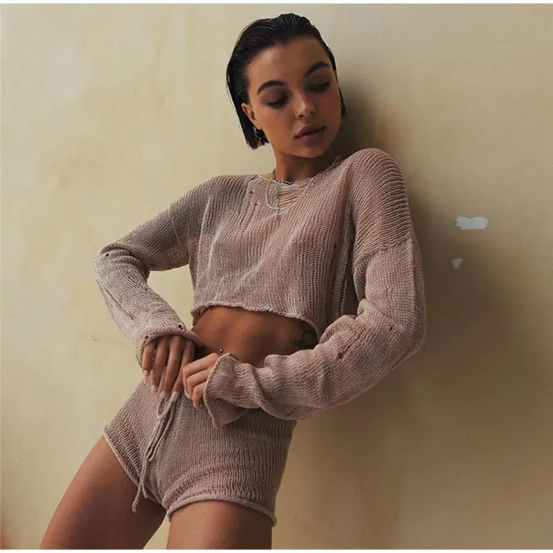 2023 Sexy Beach Crop Top Shorts Sets Women Knit Long Sleeve Lace Up Female Suit Summer Holiday See Through 2 Piece Set Womens