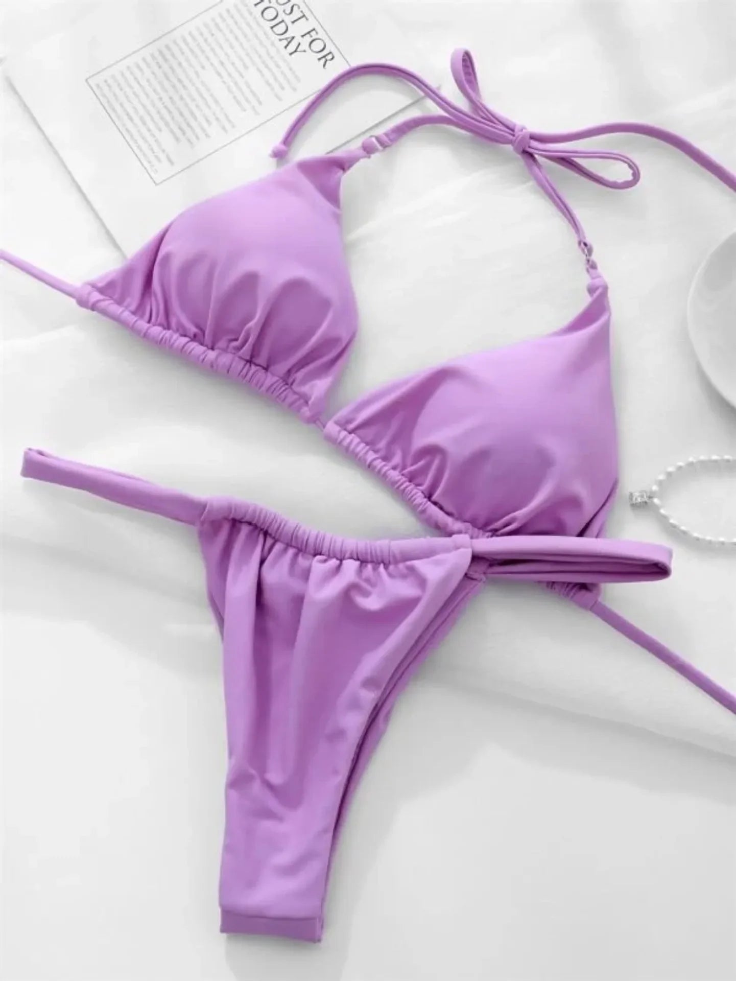 2025 Yearly Bikini Swimsuit Women's Separate Strap Pure Color Fabric Chest Pad Gathered Casual Beachwear Swimwear Set