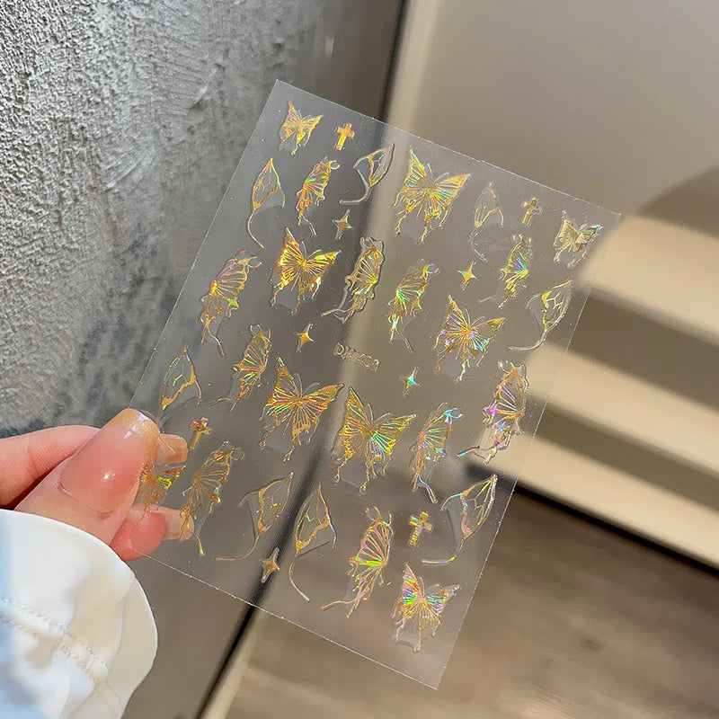 1PCS Black White Butterfly Laser Nail Stickers Y2K Nail Art Decoration Abstract Lines Bronzing Flowers Stickers For Nails
