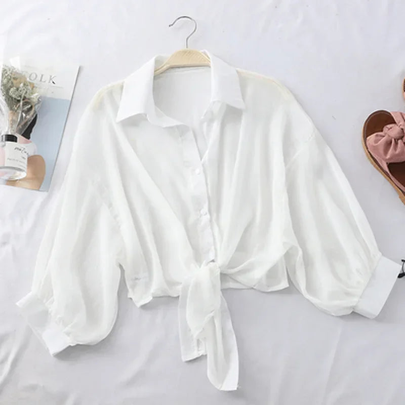 Summer Sun-protective clothing Casual Loose Clothes Elegant Solid Color Tied Waist Blouse Bat Half Sleeve Button Chiffon Shirt